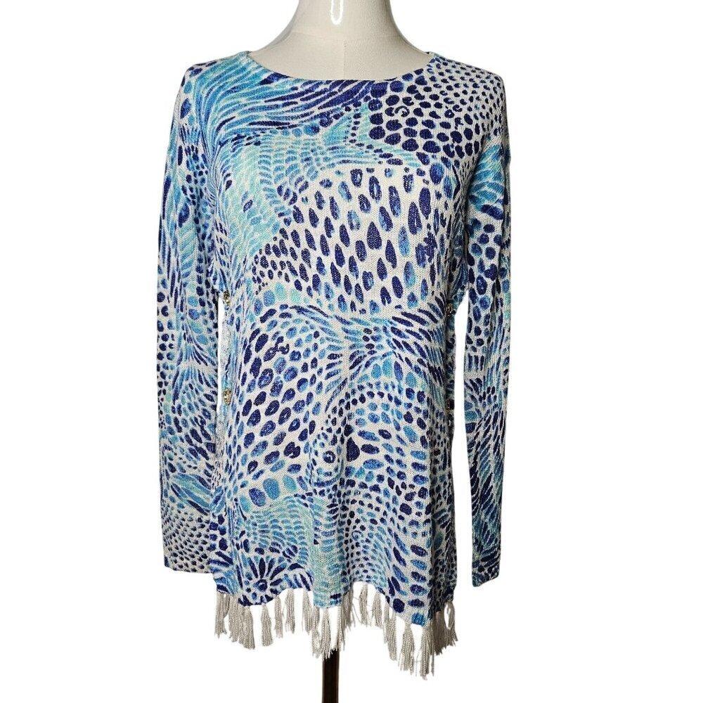 Lilly Pulitzer Small Ramona Fringe Sweater Tang Gang Fringe Blue Fish‎